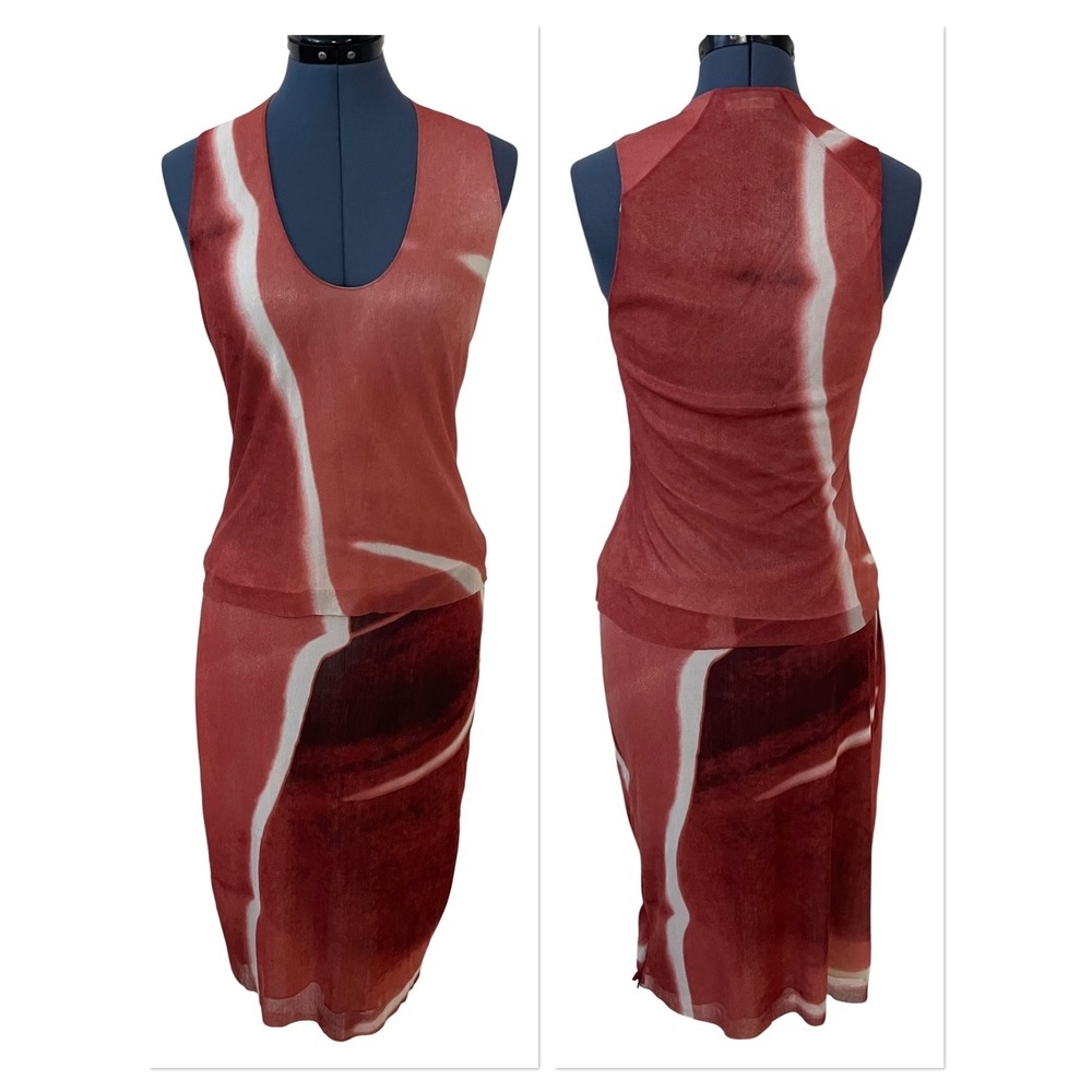 Vtg Vivienne Tam Mesh 2 Piece Set Abstract Print Bodycon Top Midi Skirt Y2K S - Picture 1 of 16